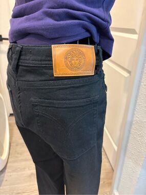 Versace Black Skinny Jeans with Tan Leather Logo Patch